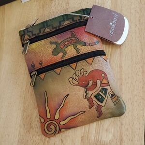 Anuschka Artistic Leather Bag with Earthy Tones With Cell Phone Bag